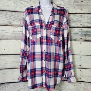Tinsel Women’s Large Pink Blue Plaid Long Sleeve Button Down Shirt 100% Rayon